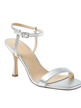 NEW! ANN TAYLOR Leather Mettalic Silver Open Toe Heeled Sandals 9.
